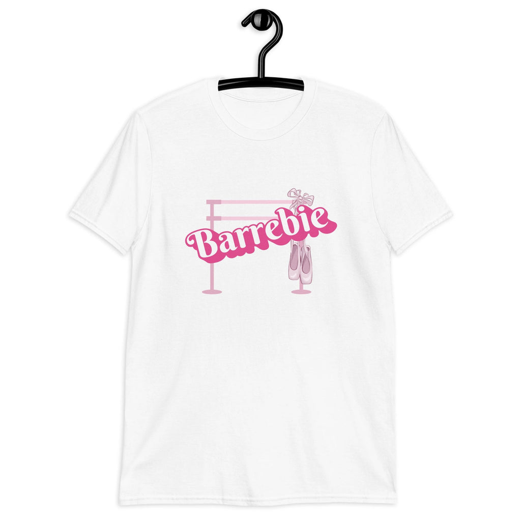 Adult woman's t-shirt for fans of the Barbie movie, ballet, and ballet barre. White shirt with a Barbie pink design containing a ballet barre and pointe shoes.