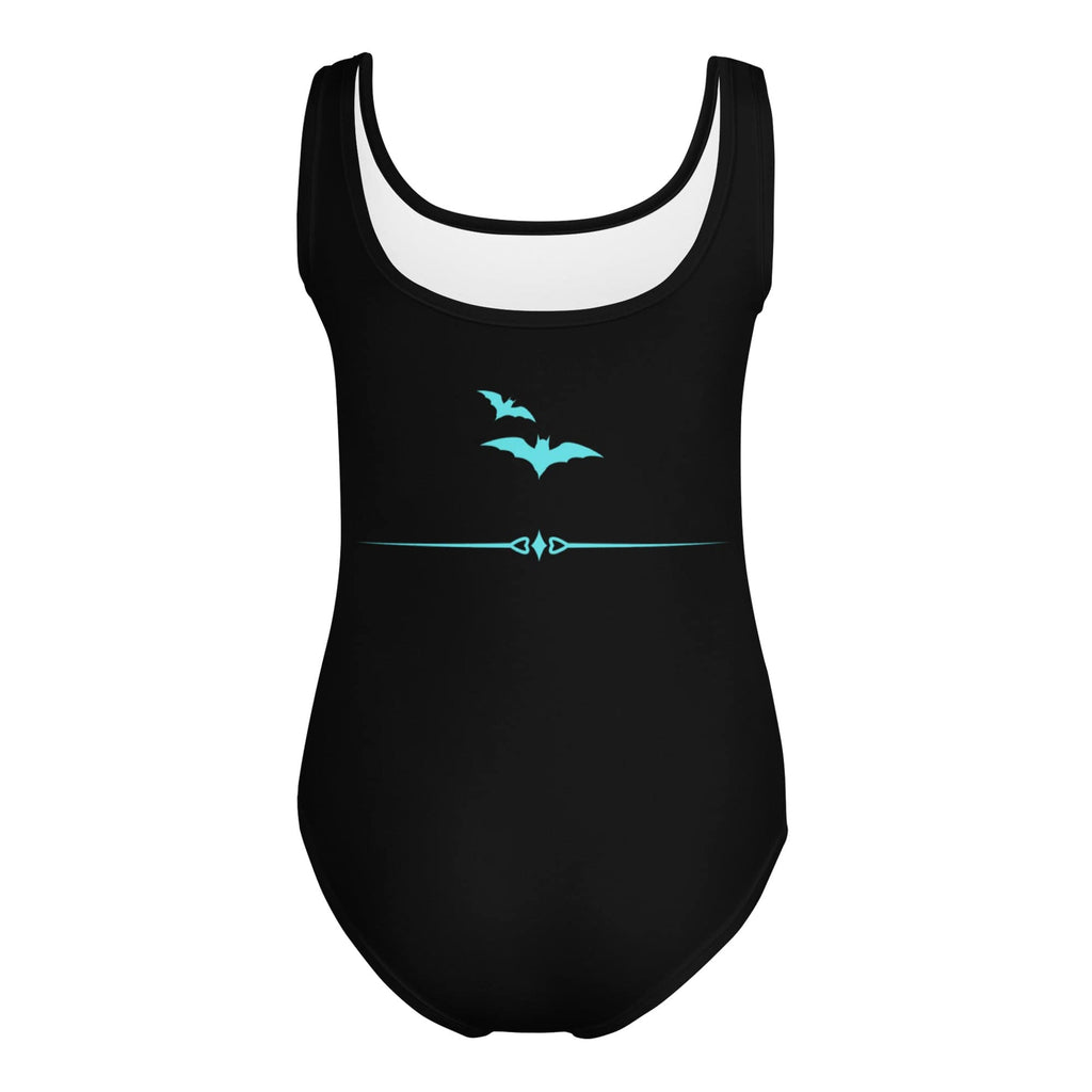 Back view of kids black leotard or swimsuit with halloween bat detail