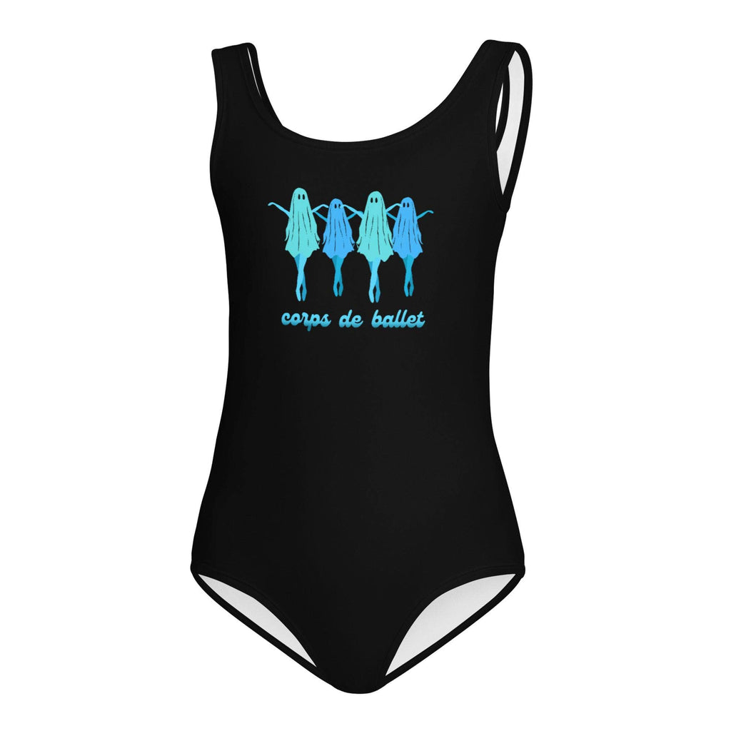 A black kids leotard or swimsuit with dancing ballerina ghosts