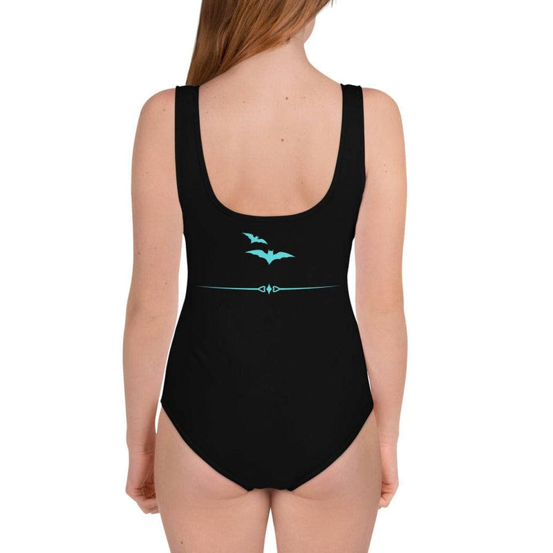 Back view of model with long hair wearing a black youth leotard or swimsuit with dancing ballerina ghosts