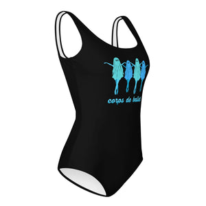 Side view of black youth leotard or swimsuit with dancing ballerina ghosts