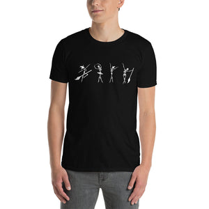 A black t-shirt with funny dancing ballerina skeletons