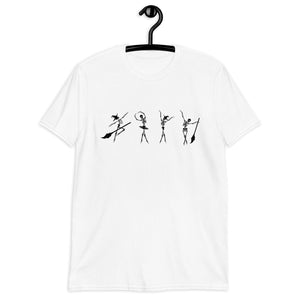 A white t-shirt with funny dancing ballerina skeletons