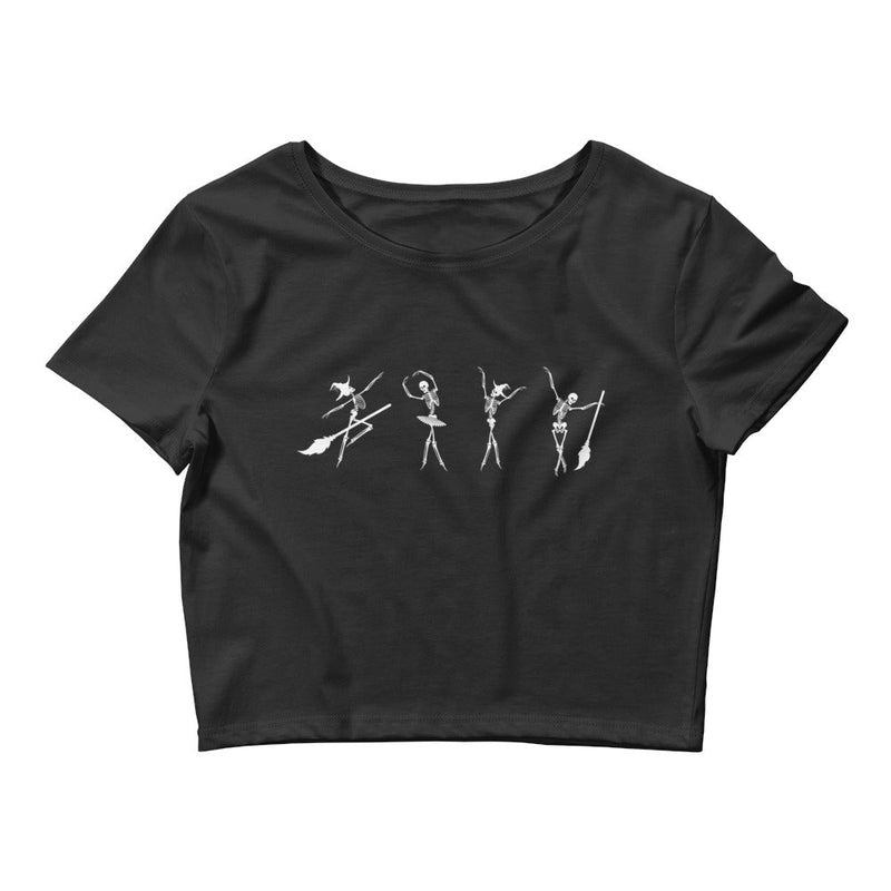 Dancing ballerina skeletons on a black crop top for Halloween