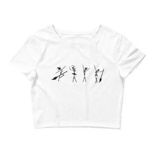 Dancing ballerina skeletons on a white crop top for Halloween