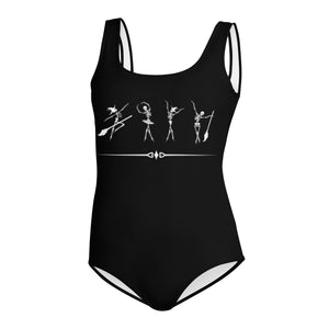 Cute dancing Halloween skeletons on a black youth leotard or swimsuit