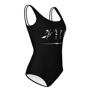 Side view of funny dancing Halloween skeletons on a black youth leotard or swimsuit