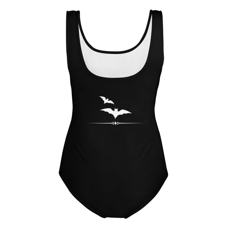 Back view of a black Halloween youth leotard with bat detail.