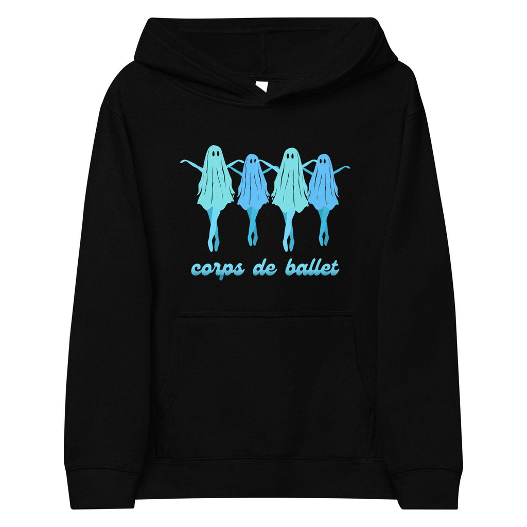 A black kids fleece hoodie with four cute and funny ballerina ghosts dancing in pointe shoes