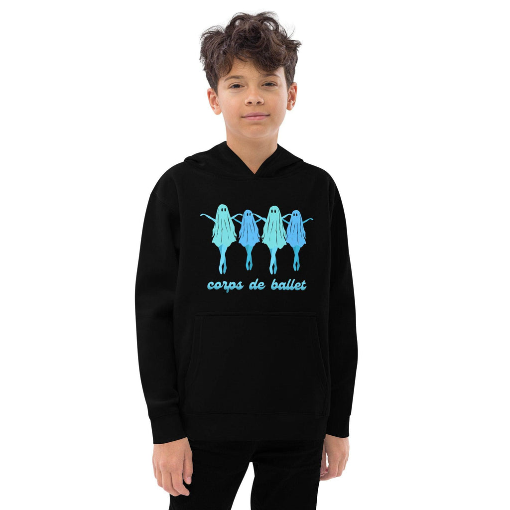 A boy wearing a black hoodie with four dancing ghosts