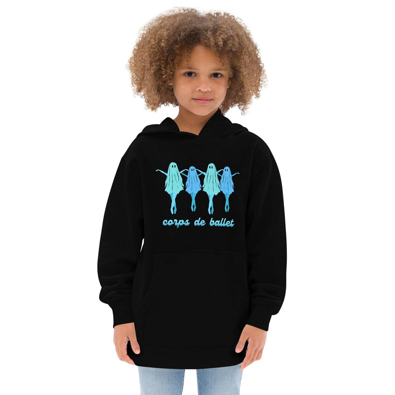 A girl with curly hair wearing a black fleece hoodie with dancing ballerina ghosts