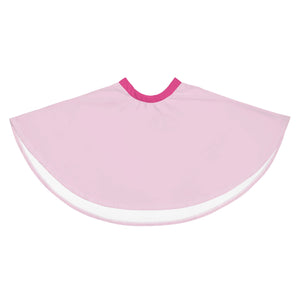 A pastel pink, women's flowy skater skirt with a Barbie pink, stretchy waistband.