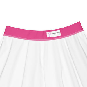 Closeup of a pastel pink women's skater skirt with a bright pink, stretchy waistband and a dancewear logo. 
