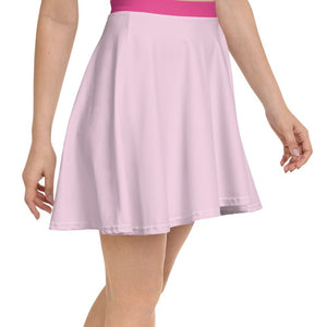 A pastel women's pink pink skater skirt with a Barbie pink, stretchy waistband. 