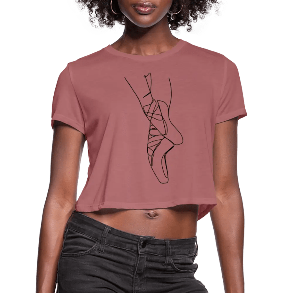 ballet pointe shoe line art on an ultra-soft and flowy mauve crop top, modelled by black ballerina