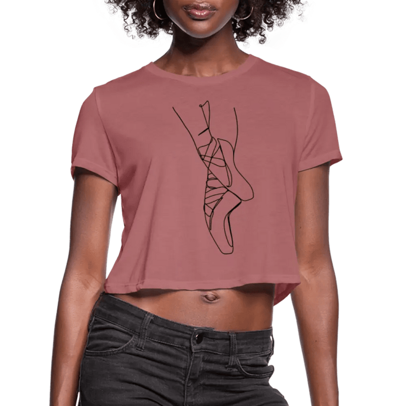 ballet pointe shoe line art on an ultra-soft and flowy mauve crop top, modelled by black ballerina