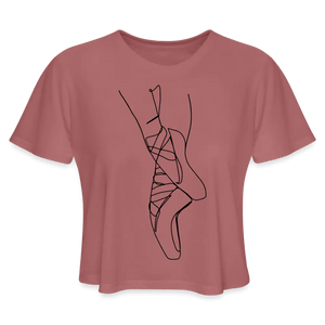 ballet pointe shoe line art on an ultra-soft and flowy mauve crop top for women and dancers