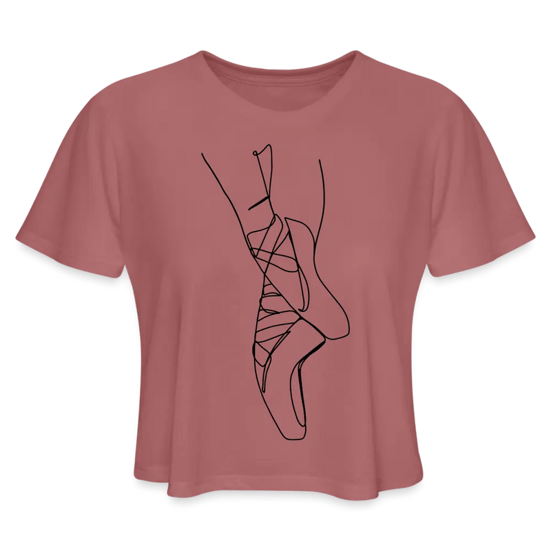 ballet pointe shoe line art on an ultra-soft and flowy mauve crop top for women and dancers