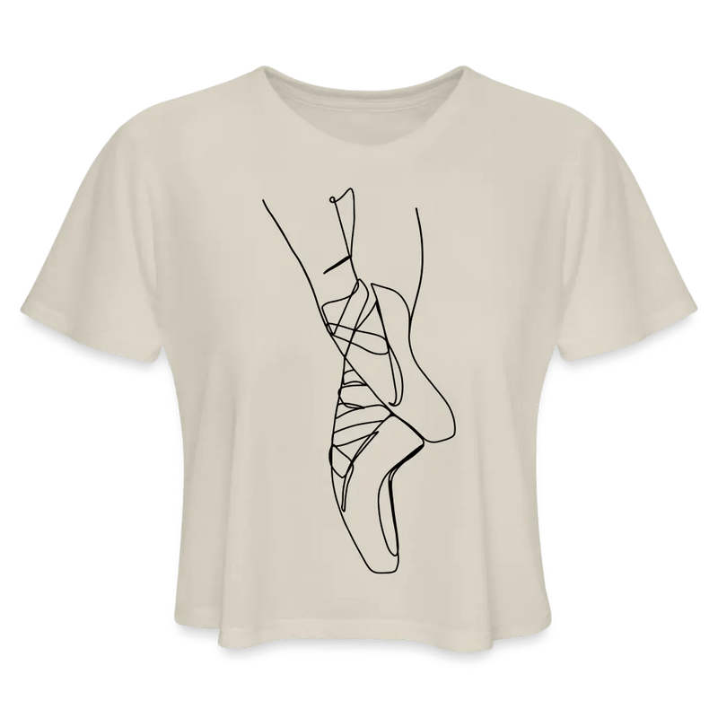 ballet pointe shoe line art on an ultra-soft and flowy sand-colored crop top for women and dancers