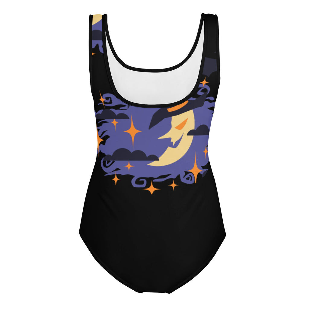 Back view of a youth leotard with a scary moon face for Halloween