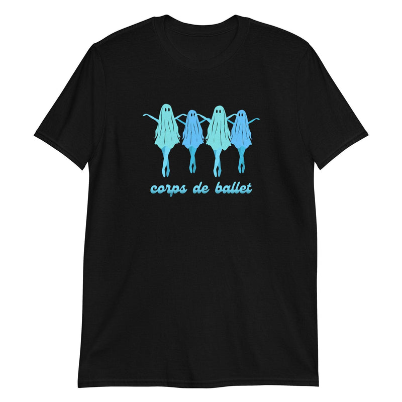 Black t-shirt with funny dancing ballerina ghosts or ghouls in pointe shoes