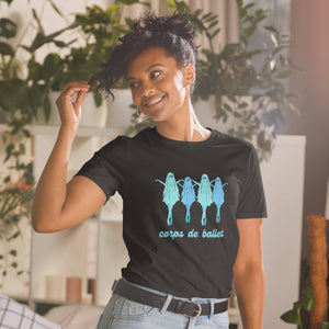 Black model with curly hair in a t-shirt with funny dancing ballerina ghosts or ghouls in pointe shoes