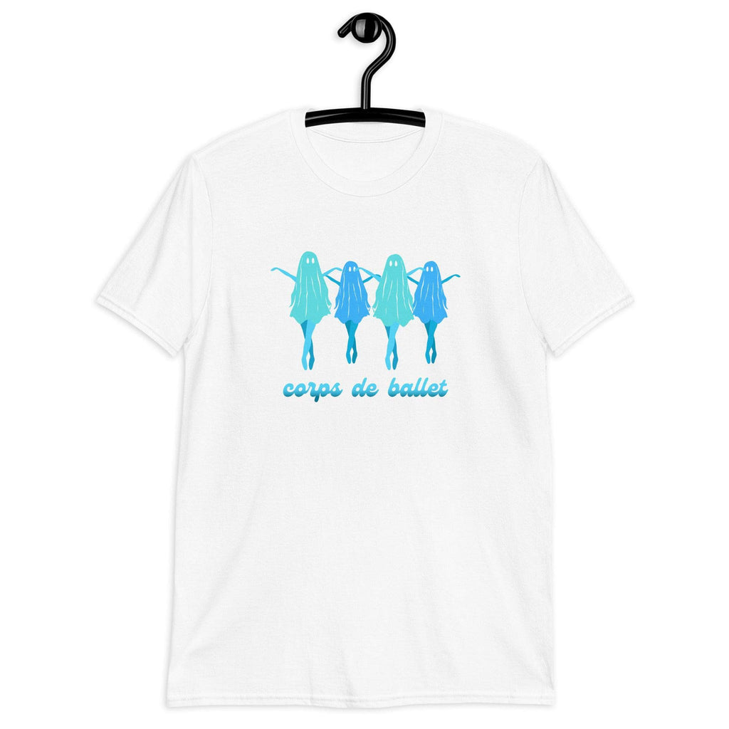 White-t-shirt with funny dancing ballerina ghosts or ghouls in pointe shoes