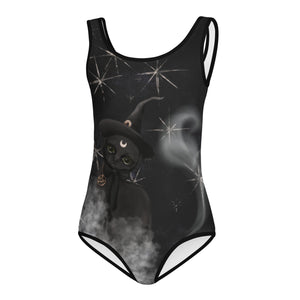 Cute witch's cat with half moon on a Halloween leotard for kids.