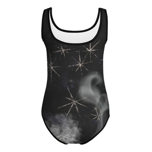 Back view of a Halloween leotard for kids with spooky stars and smoke.