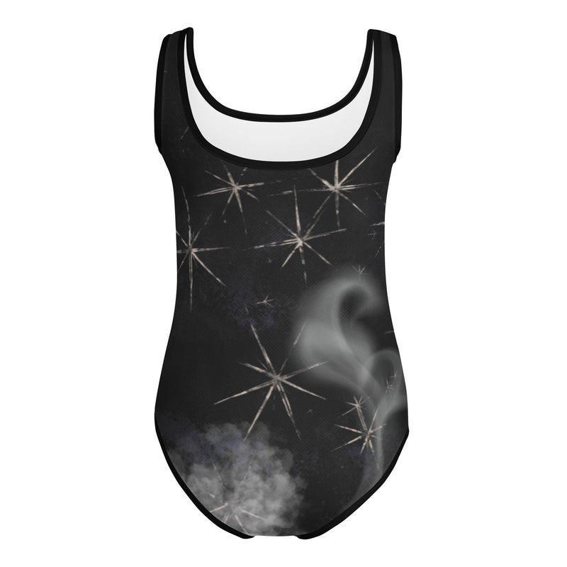 Back view of a Halloween leotard for kids with spooky stars and smoke.