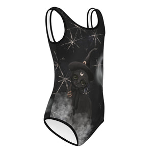 Side view of  a cute witch's cat with half moon on a Halloween leotard for kids