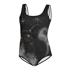 Cute witch's cat with half moon on a Halloween leotard for teens.