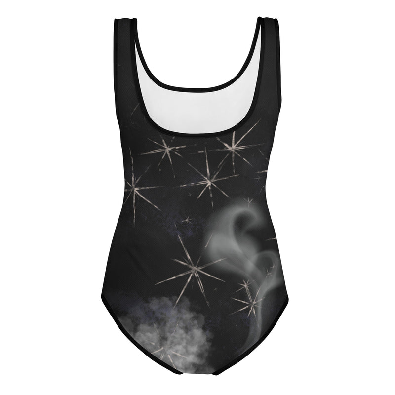 Back view of a Halloween leotard for teens with spooky stars and smoke.