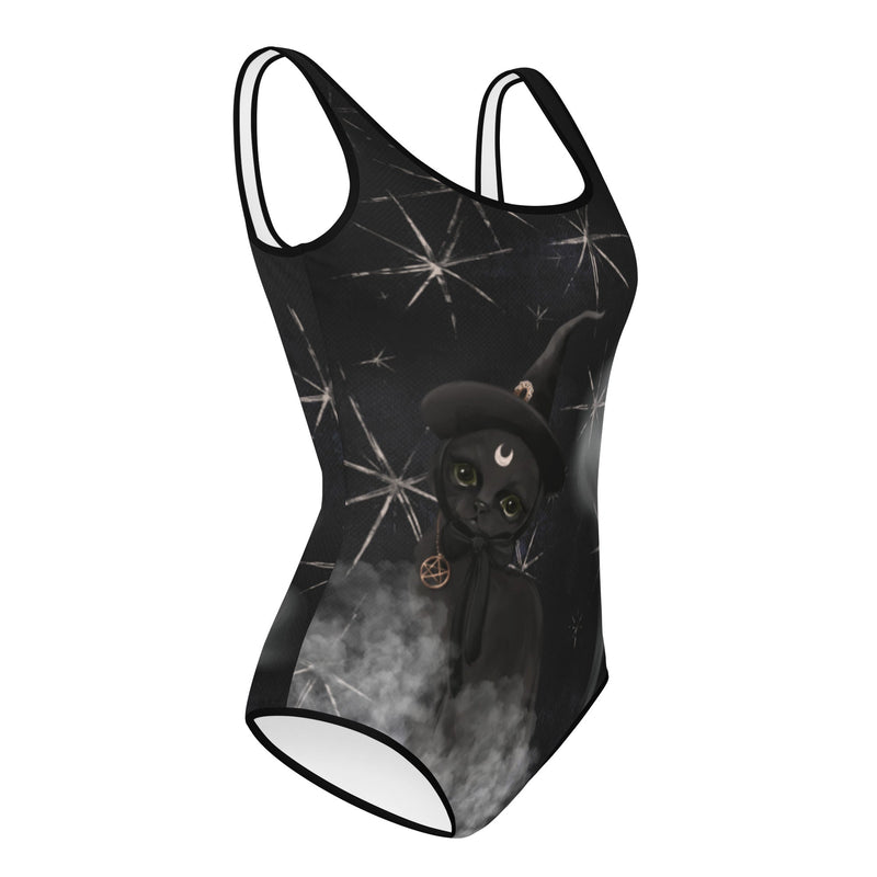 Side view of  a cute witch's cat with half moon on a Halloween leotard for teens.