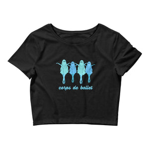 A soft crop top with four dancing ballet ghosts for women and girls