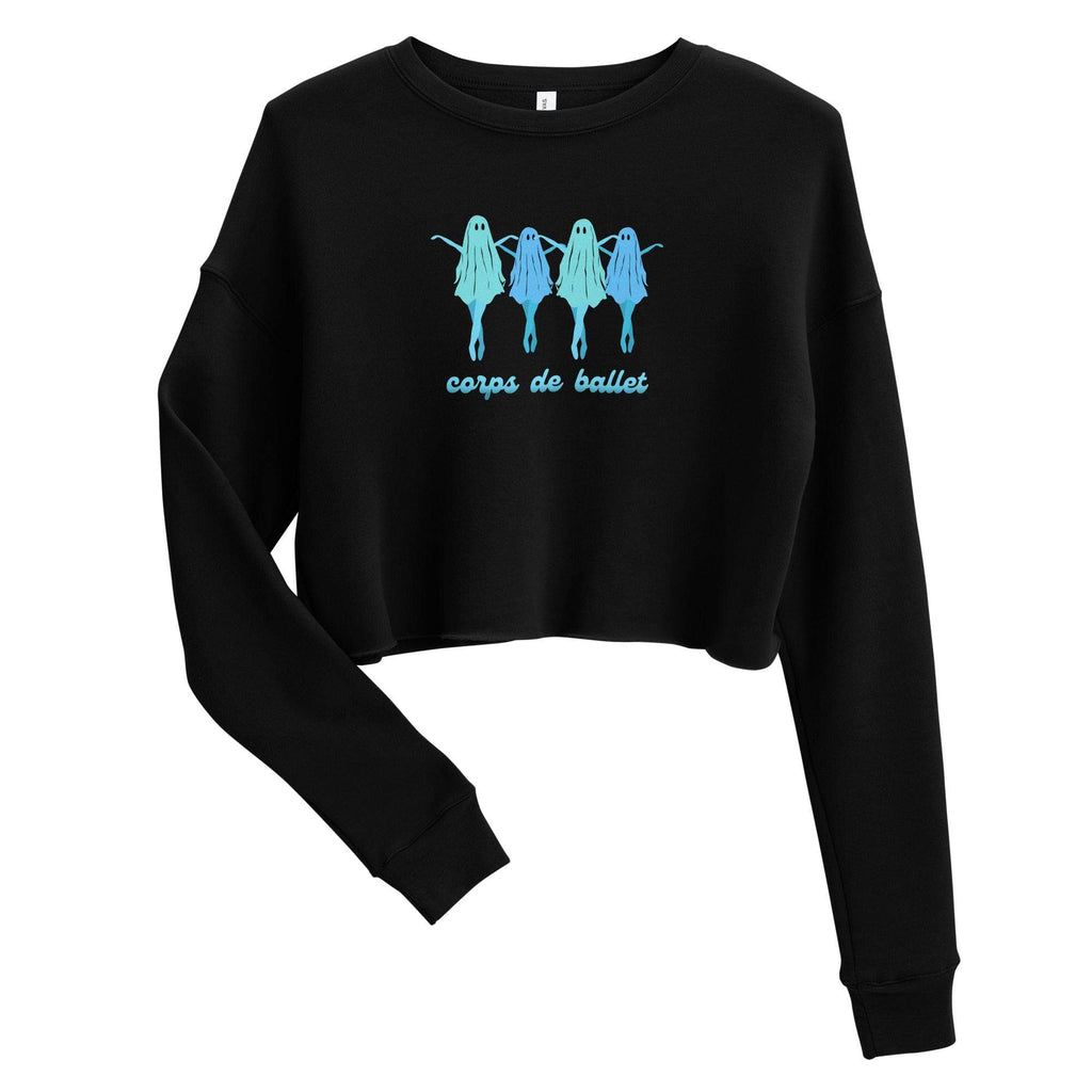 Four blue ballerina ghosts in pointe shoes on a black fleece cropped sweatshirt