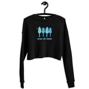 A black fleece cropped sweatshirt with four dancing ballerina ghosts on a hanger