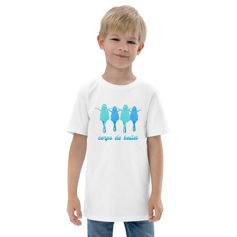 Blonde boy wearing a white t-shirt with dancing ballet ghosts