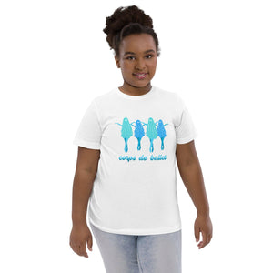 Black girl with natural hair wearing a white t-shirt with dancing ballet ghosts