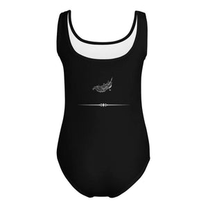 Back view of black kids Halloween leotard with feather detail.