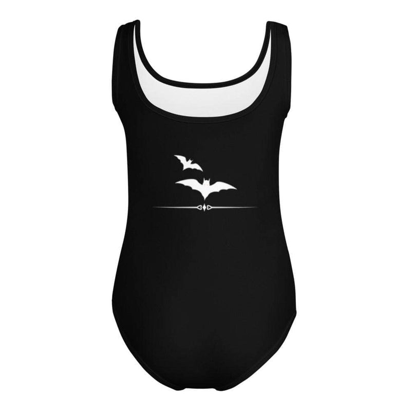 Back view of black kids Halloween leotard or swimsuit with bat detail.