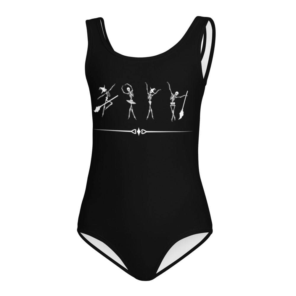 Four cute and funny dancing skeletons on a black kids leotard or swimsuit