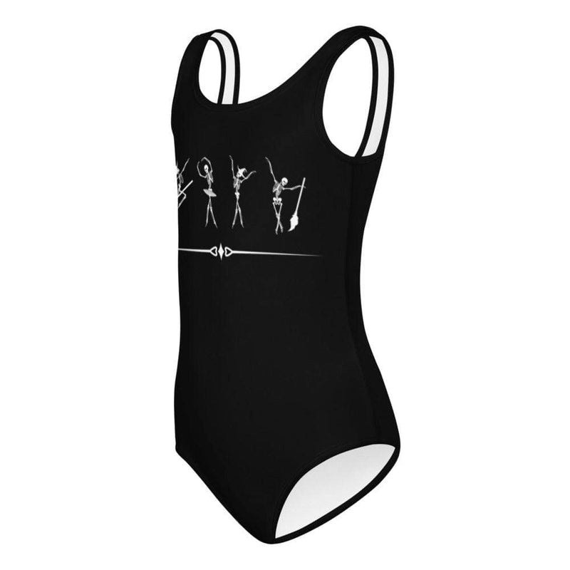 Side view of ballerina Halloween skeletons on a black kids leotard or swimsuit