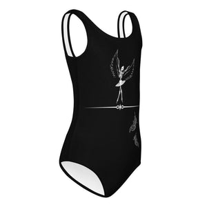 Side view of a black Halloween kids leotard with elegant winged skeleton and feathers.