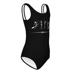 Side view of funny dancing skeletons on a black kids leotard or swimsuit