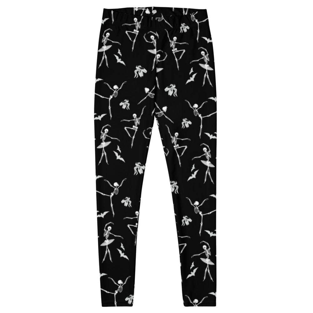 Flat view of black adult leggings with funny and cute dancing ballerina skeleton pattern