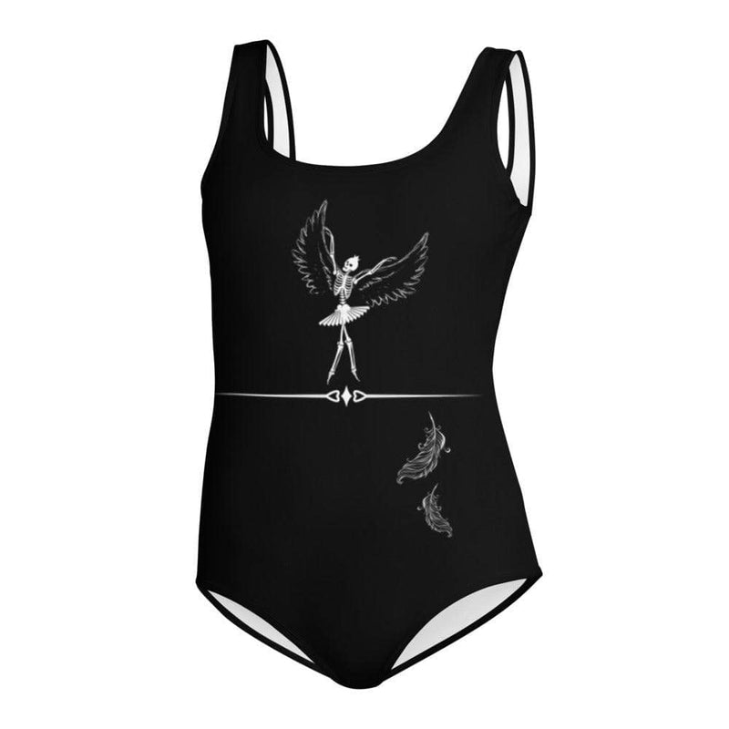 Youth leotard in black with a winged ballerina skeleton and feathers.