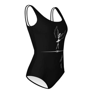 Side view of a youth leotard in black with a dancing ballerina skeleton and feathers.